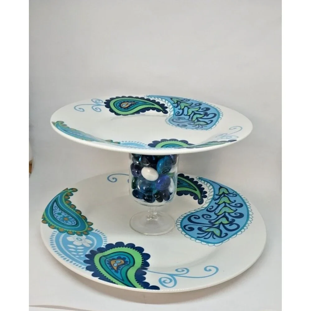 Royal Norfolk Blue Paisley Two-Tier Serving Tray Ceramic Hand Crafted 6
